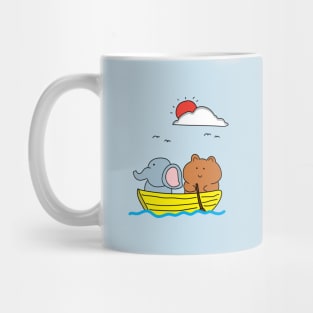 cute elephant and bear on a wooden boat Mug